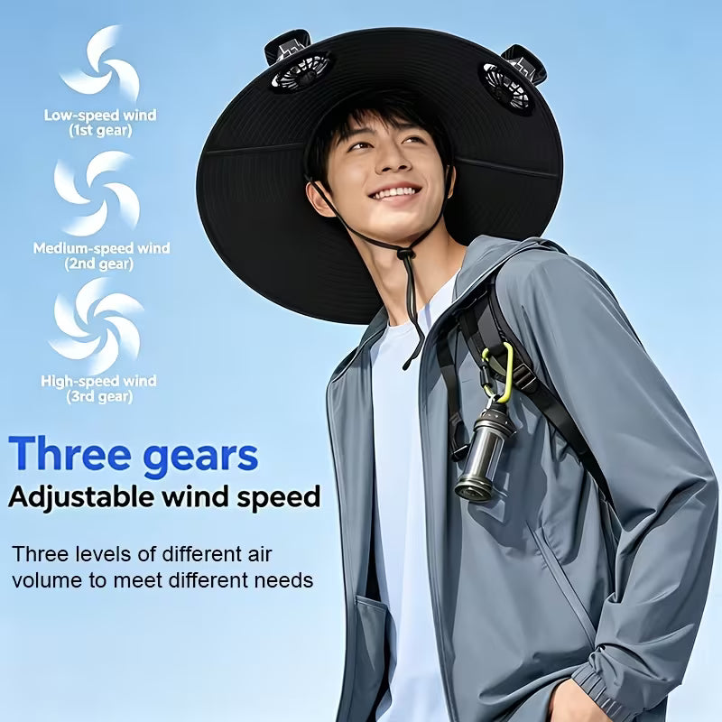 Solar Fan Hat — featuring a solar-powered fan and USB charging design, with a lightweight wide brim. It offers long battery life and is perfect for fishing, hiking, mountaineering, and everyday outdoor activities.
