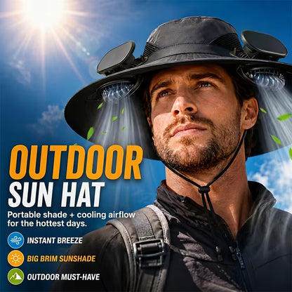 Solar Fan Hat — featuring a solar-powered fan and USB charging design, with a lightweight wide brim. It offers long battery life and is perfect for fishing, hiking, mountaineering, and everyday outdoor activities.