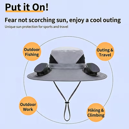 Solar Fan Hat — featuring a solar-powered fan and USB charging design, with a lightweight wide brim. It offers long battery life and is perfect for fishing, hiking, mountaineering, and everyday outdoor activities.