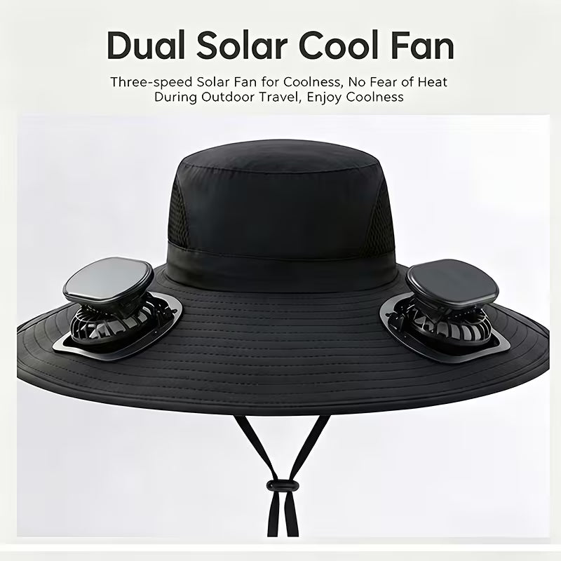 Solar Fan Hat — featuring a solar-powered fan and USB charging design, with a lightweight wide brim. It offers long battery life and is perfect for fishing, hiking, mountaineering, and everyday outdoor activities.