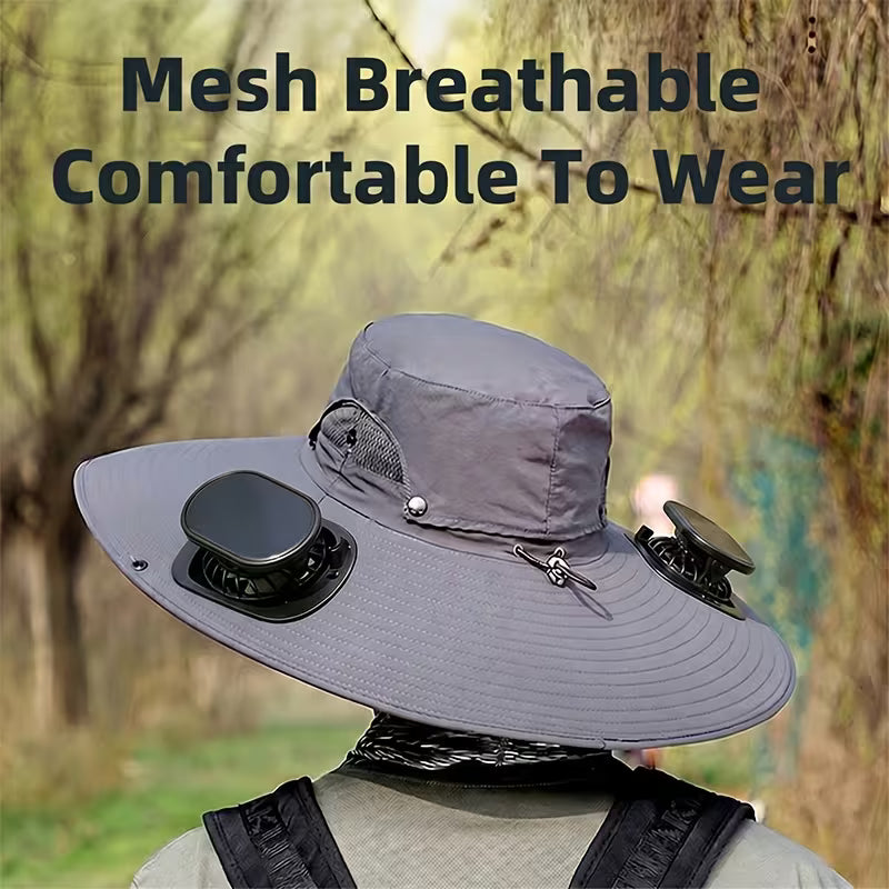 Solar Fan Hat — featuring a solar-powered fan and USB charging design, with a lightweight wide brim. It offers long battery life and is perfect for fishing, hiking, mountaineering, and everyday outdoor activities.