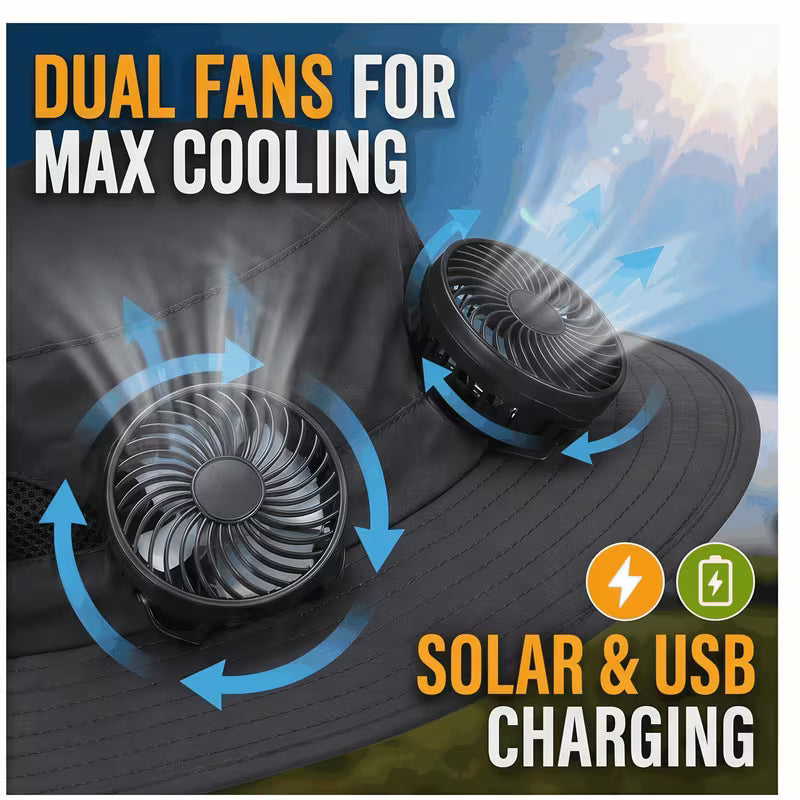 Solar Fan Hat — featuring a solar-powered fan and USB charging design, with a lightweight wide brim. It offers long battery life and is perfect for fishing, hiking, mountaineering, and everyday outdoor activities.