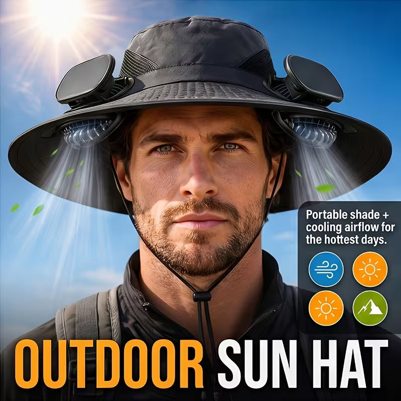 Solar Fan Hat — featuring a solar-powered fan and USB charging design, with a lightweight wide brim. It offers long battery life and is perfect for fishing, hiking, mountaineering, and everyday outdoor activities.