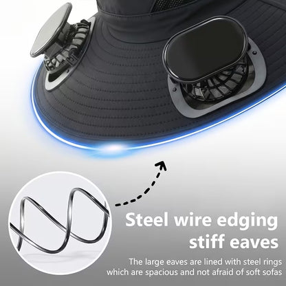 Solar Fan Hat — featuring a solar-powered fan and USB charging design, with a lightweight wide brim. It offers long battery life and is perfect for fishing, hiking, mountaineering, and everyday outdoor activities.