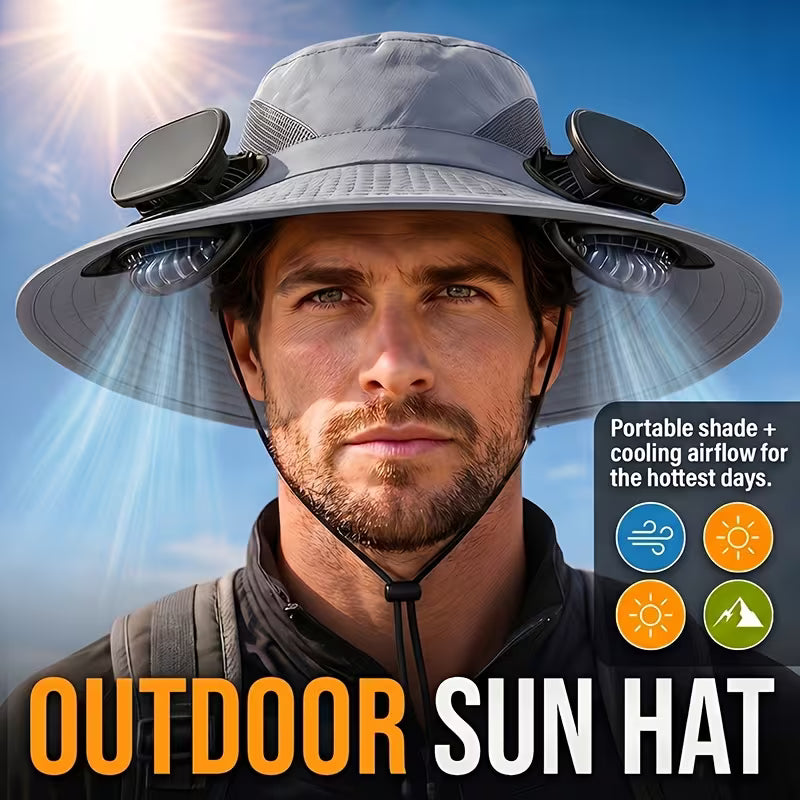 Solar Fan Hat — featuring a solar-powered fan and USB charging design, with a lightweight wide brim. It offers long battery life and is perfect for fishing, hiking, mountaineering, and everyday outdoor activities.