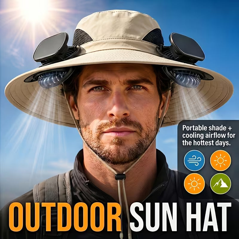 Solar Fan Hat — featuring a solar-powered fan and USB charging design, with a lightweight wide brim. It offers long battery life and is perfect for fishing, hiking, mountaineering, and everyday outdoor activities.
